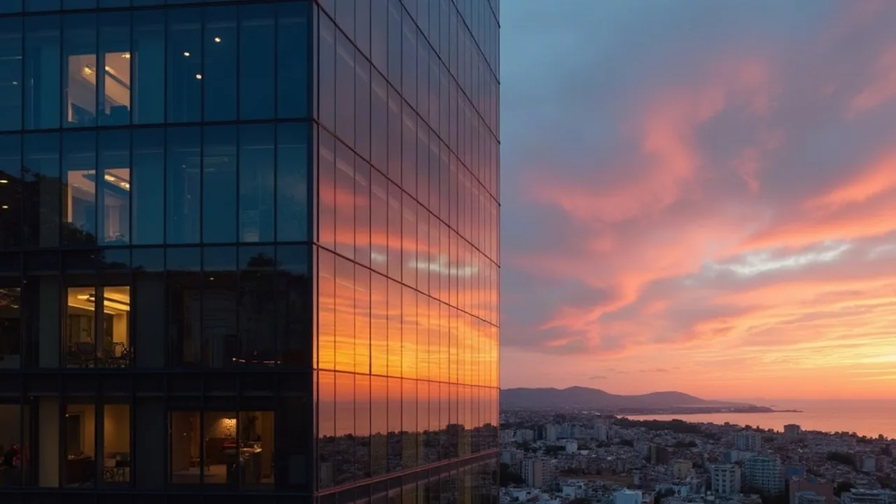 Cyprus company tax rate, a glass office tower reflecting a Mediterranean sunset