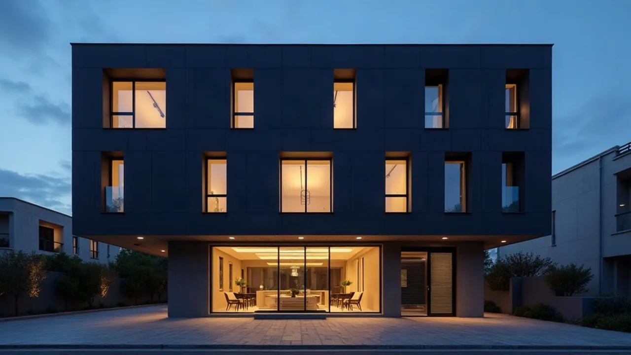Cyprus corporate tax 15 percent, a low-rise Nicosia office building at dusk