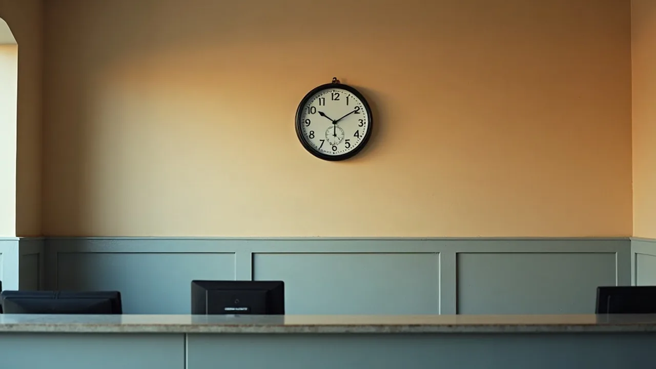 Cyprus golden visa processing time, a clock above an empty service counter