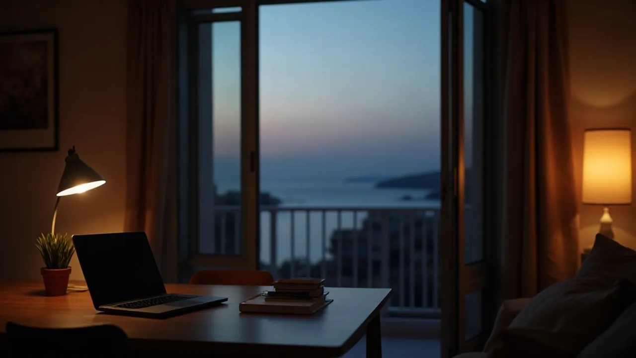 Cyprus non dom income tax, a quiet home office in Limassol at dusk