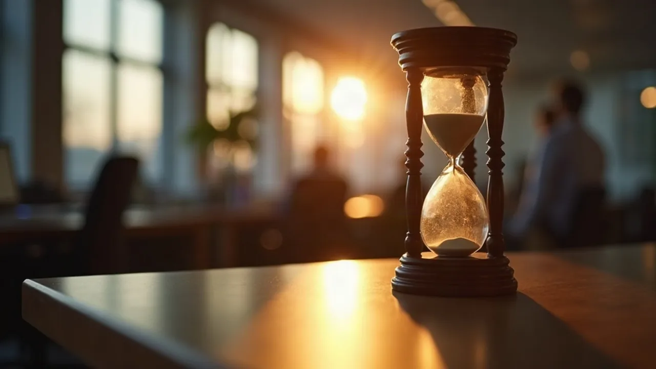 Cyprus pink slip processing time, an hourglass on a counter in a quiet office